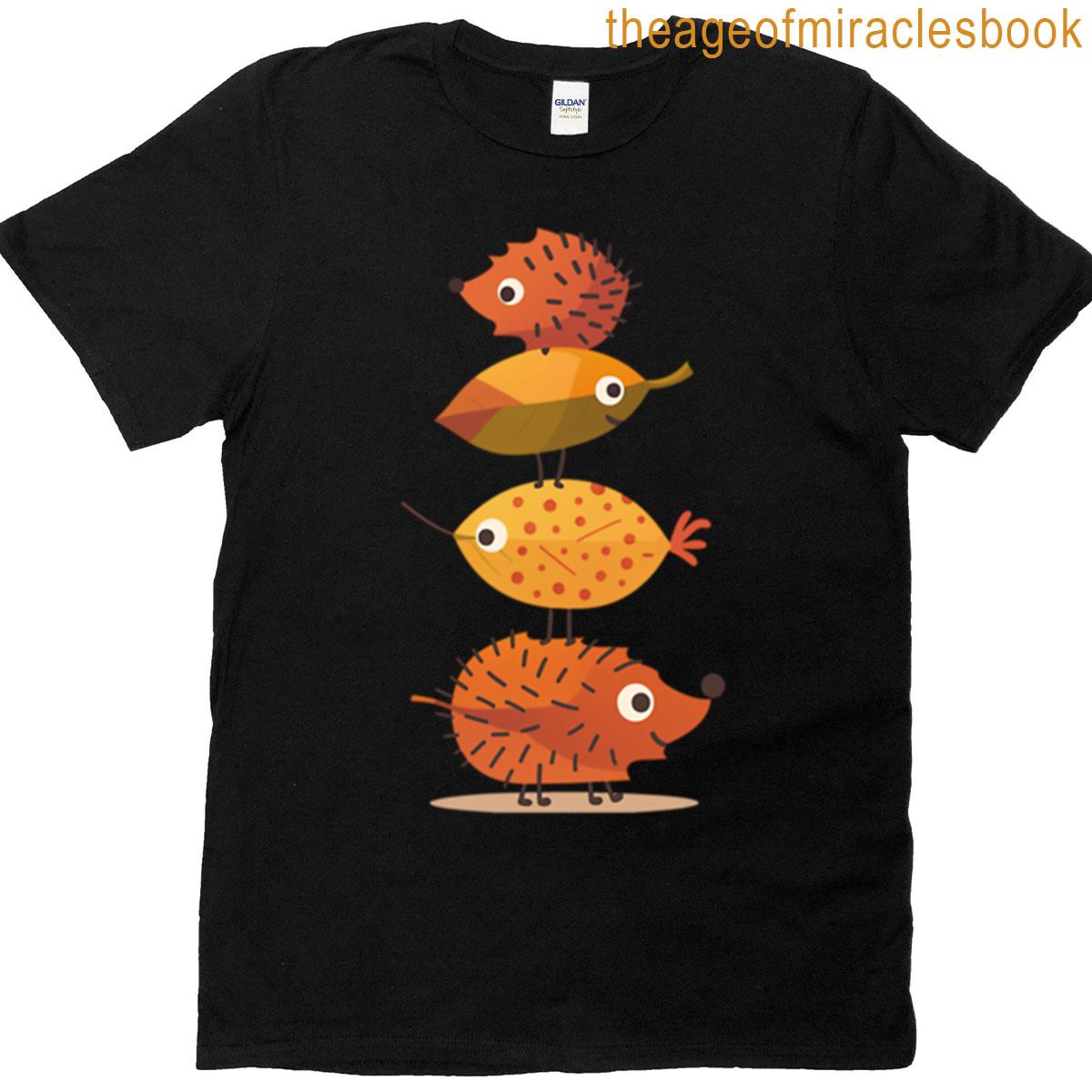 Autumn Stack Cute Hedgehogs And Leaf Friends Illustration T-shirt
