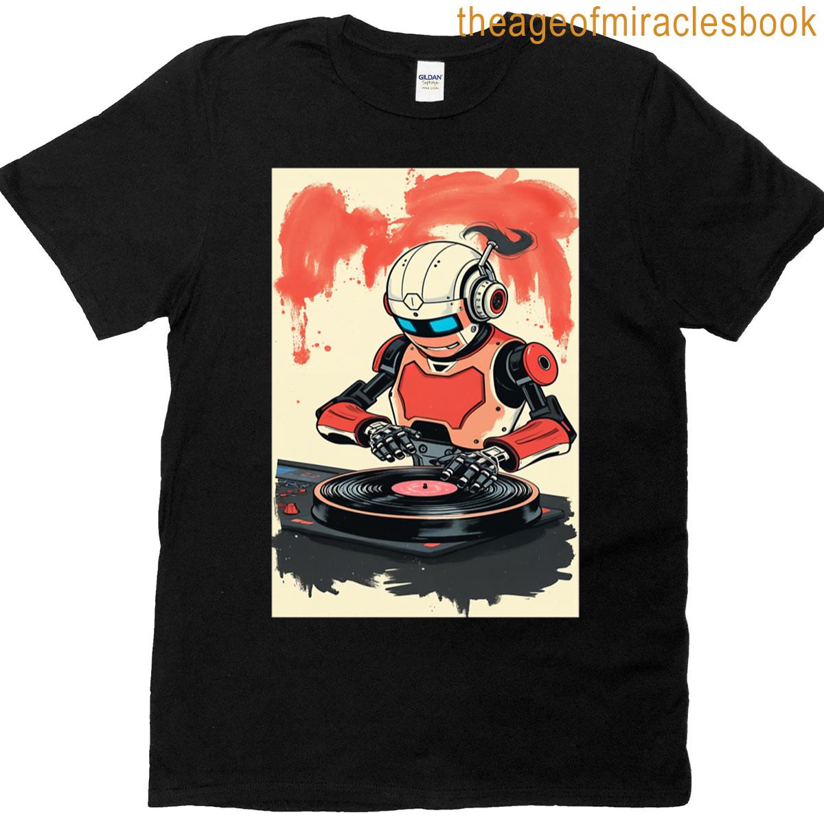 Robot Dj Spinning Vinyl Retro Sci-fi Vector Art T-shirt