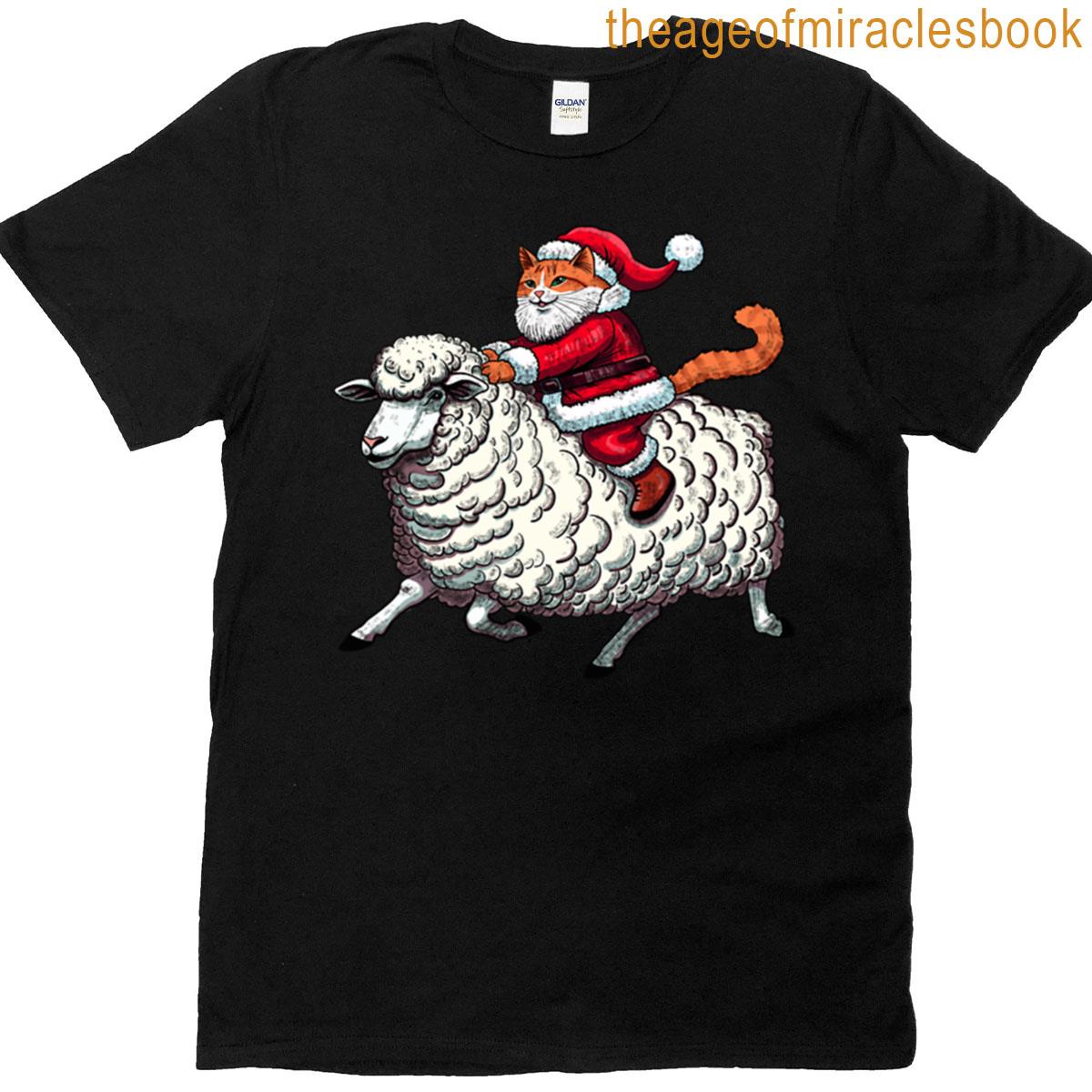 Santa Claws Cat On A Sheep T-shirt