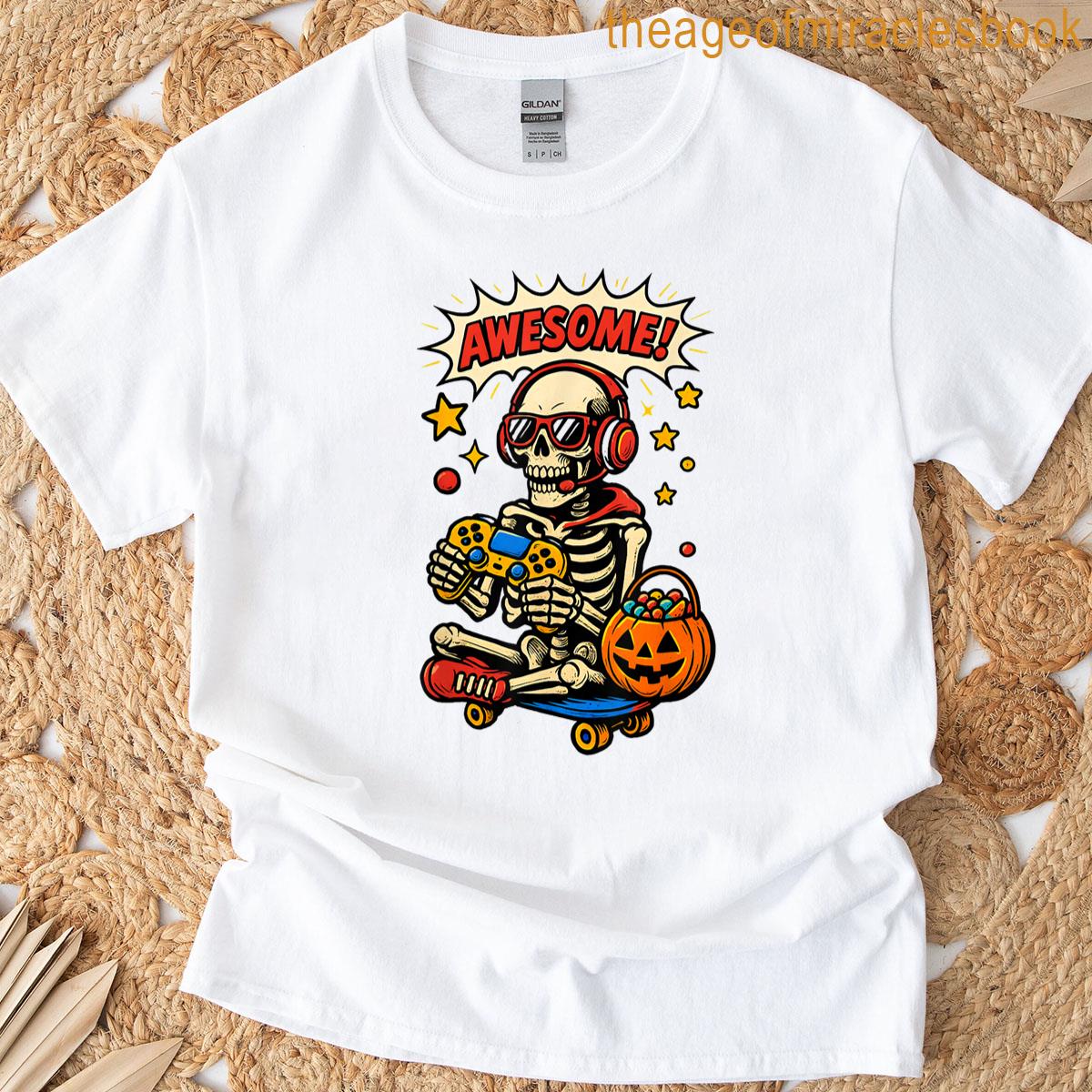 Skeleton Gamer Halloween Retro Comic Video Gaming Controller T-shirt