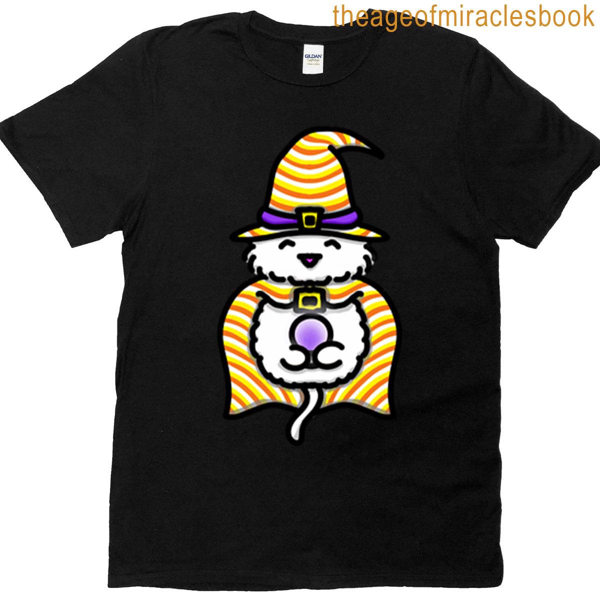 White Candy Corn Witch Cat With Crystal Ball T-shirt