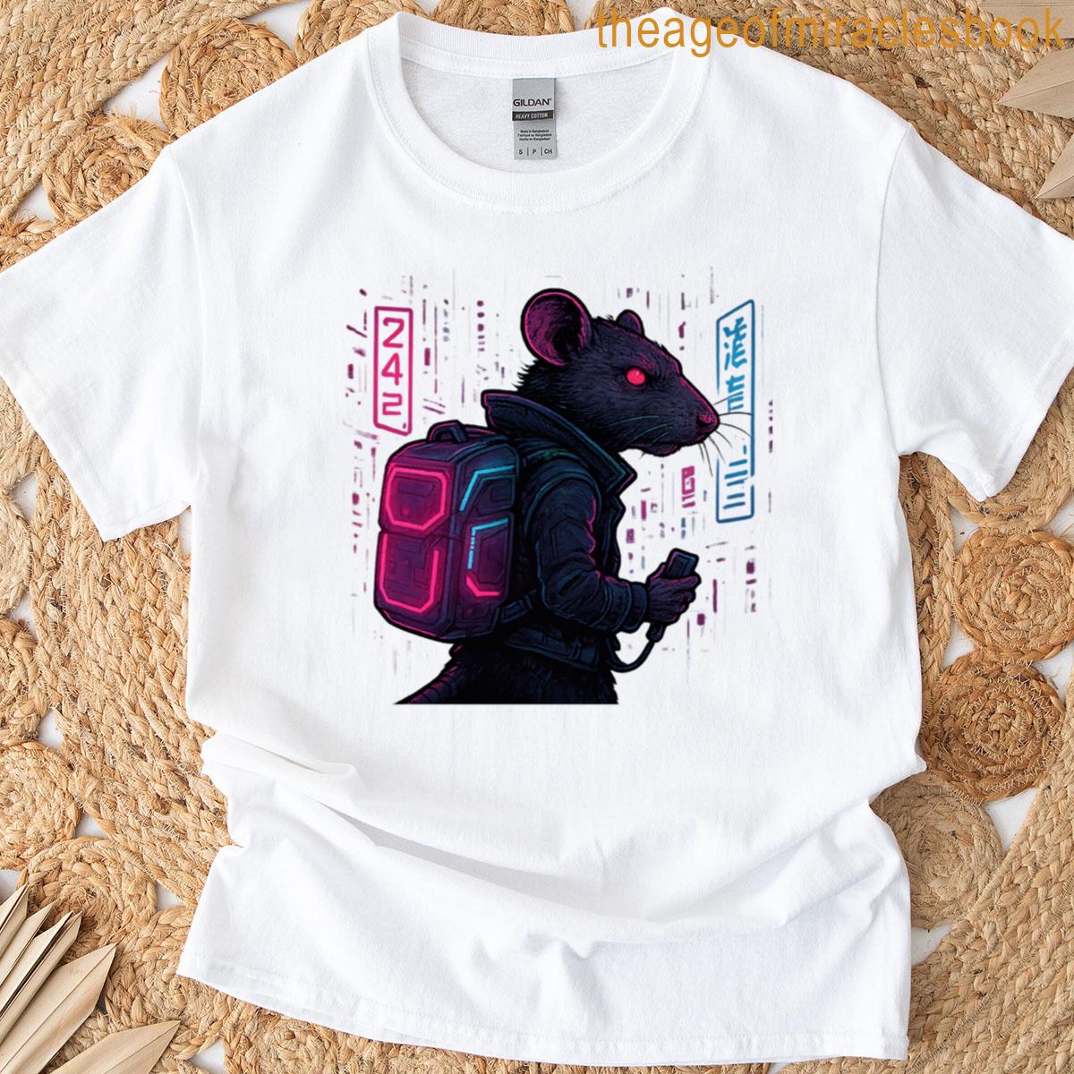 Cyberpunk Rat Courier With Neon Backpack T-shirt
