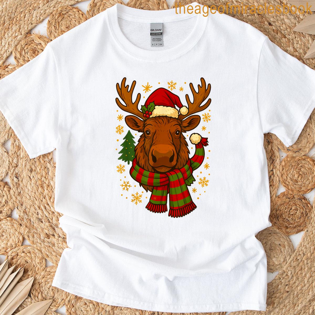 Moose With Santa Hat Christmas T-shirt
