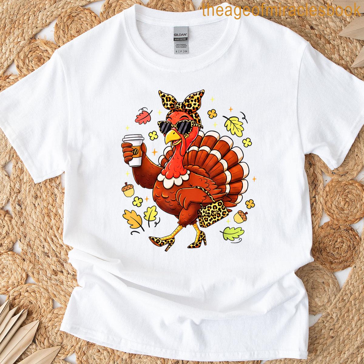 Funny Turkey Drinking Coffee Leopard Bow Thanksgiving T-shirt