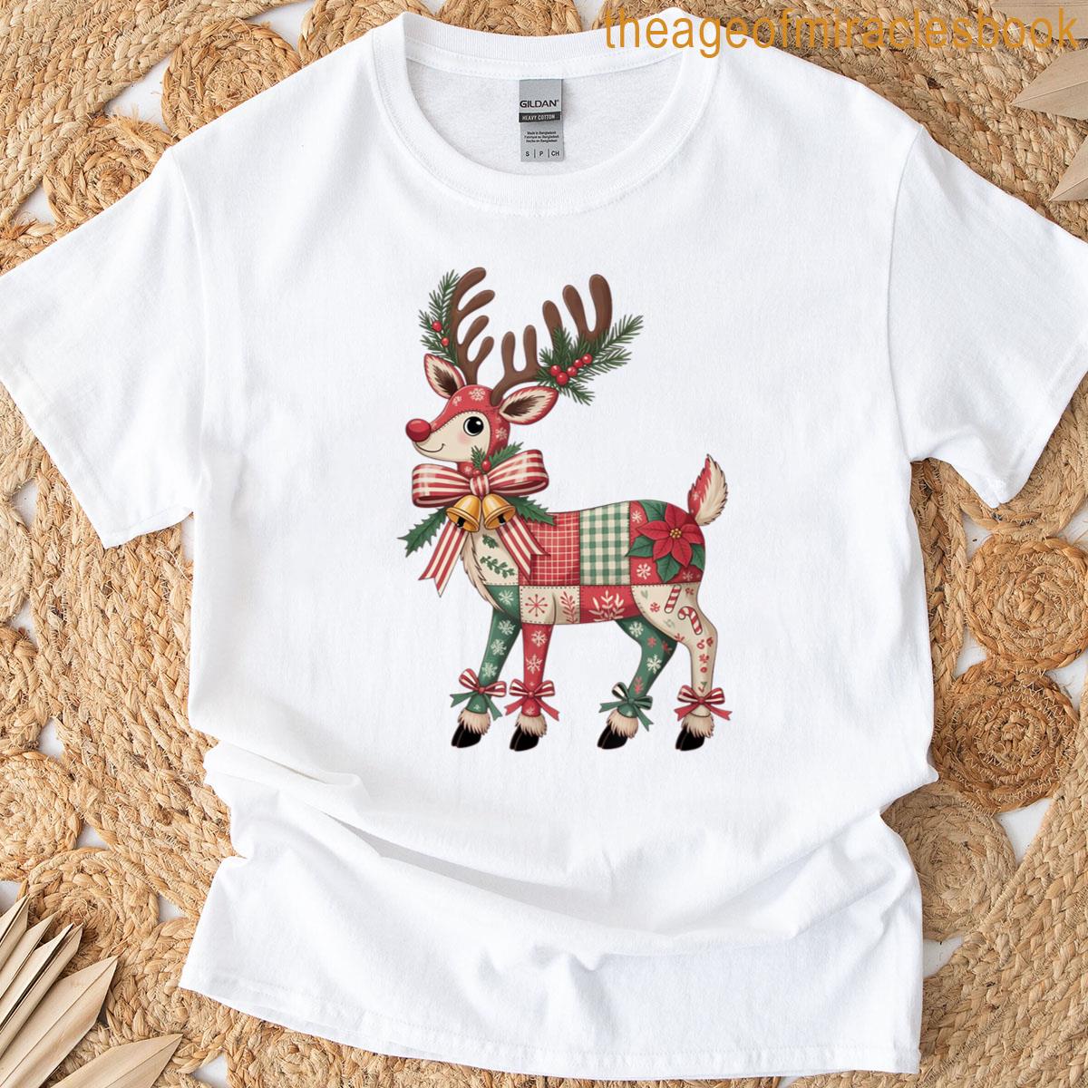 Cute Patchwork Christmas Reindeer With Holiday Bow T-shirt