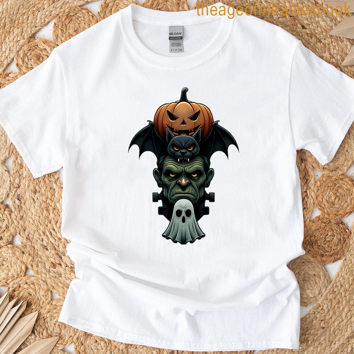 Monster Stack Halloween Trio Frankenstein Pumpkin Bat And Ghost Oversized T-shirt