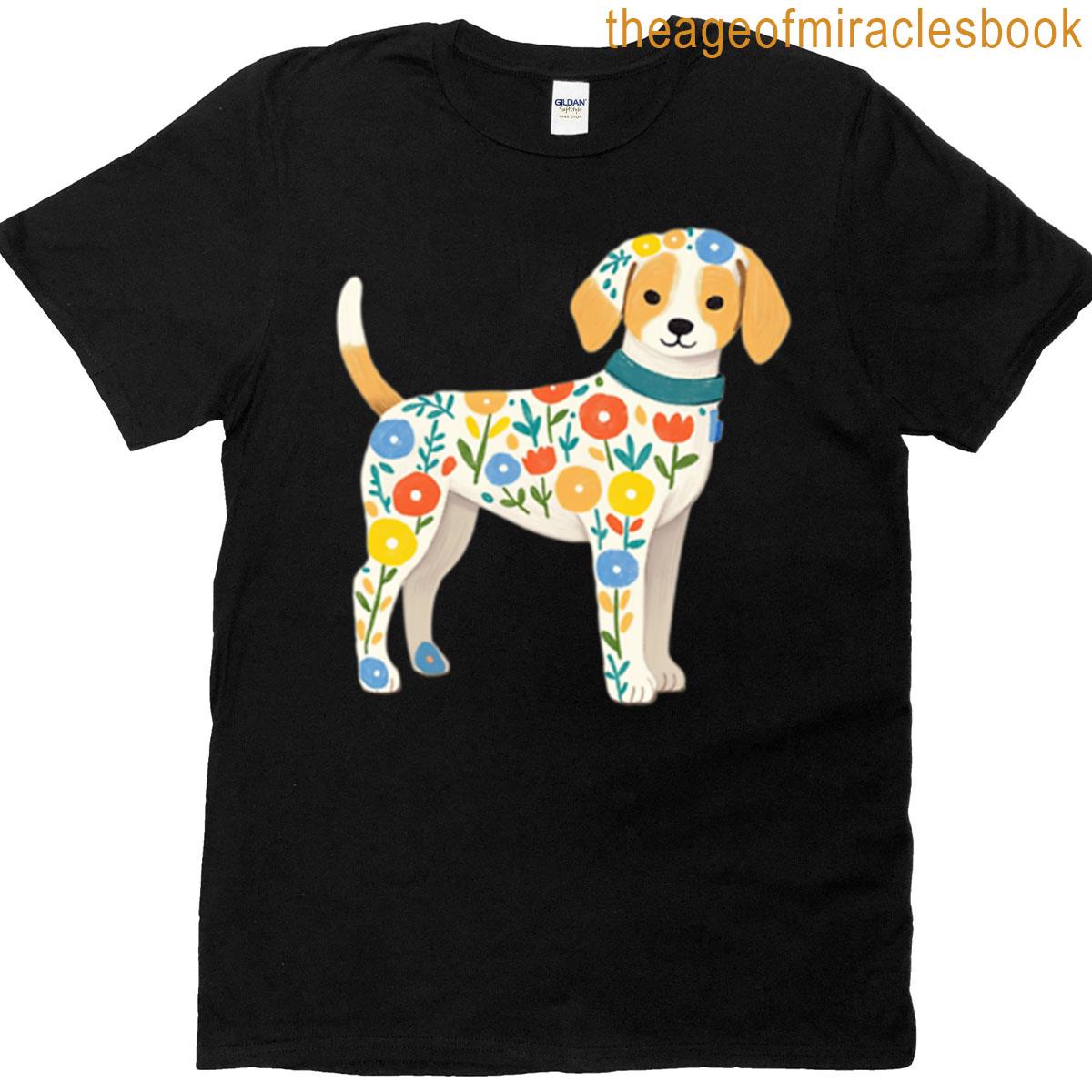 Floral Pattern Dog Illustration T-shirt