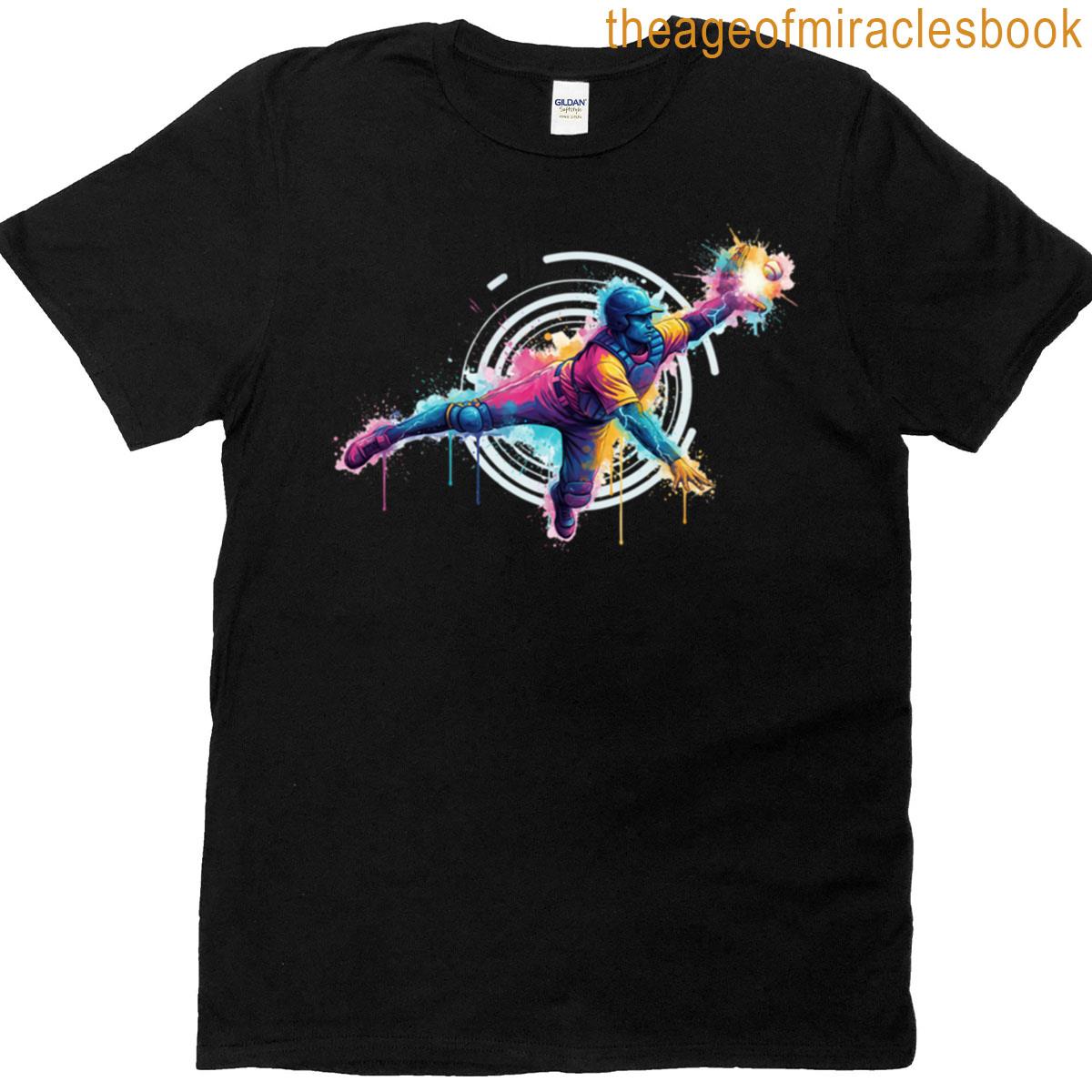 Baseball Catcher Dynamic Dive Colorful Splatter Art Action T-shirt