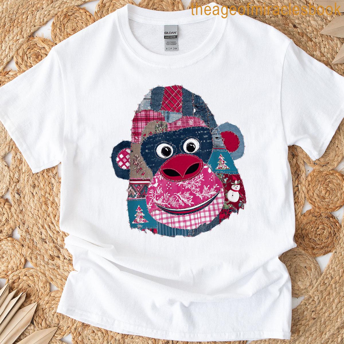 Christmas Holiday Patchwork Monkey Face Festive T-shirt
