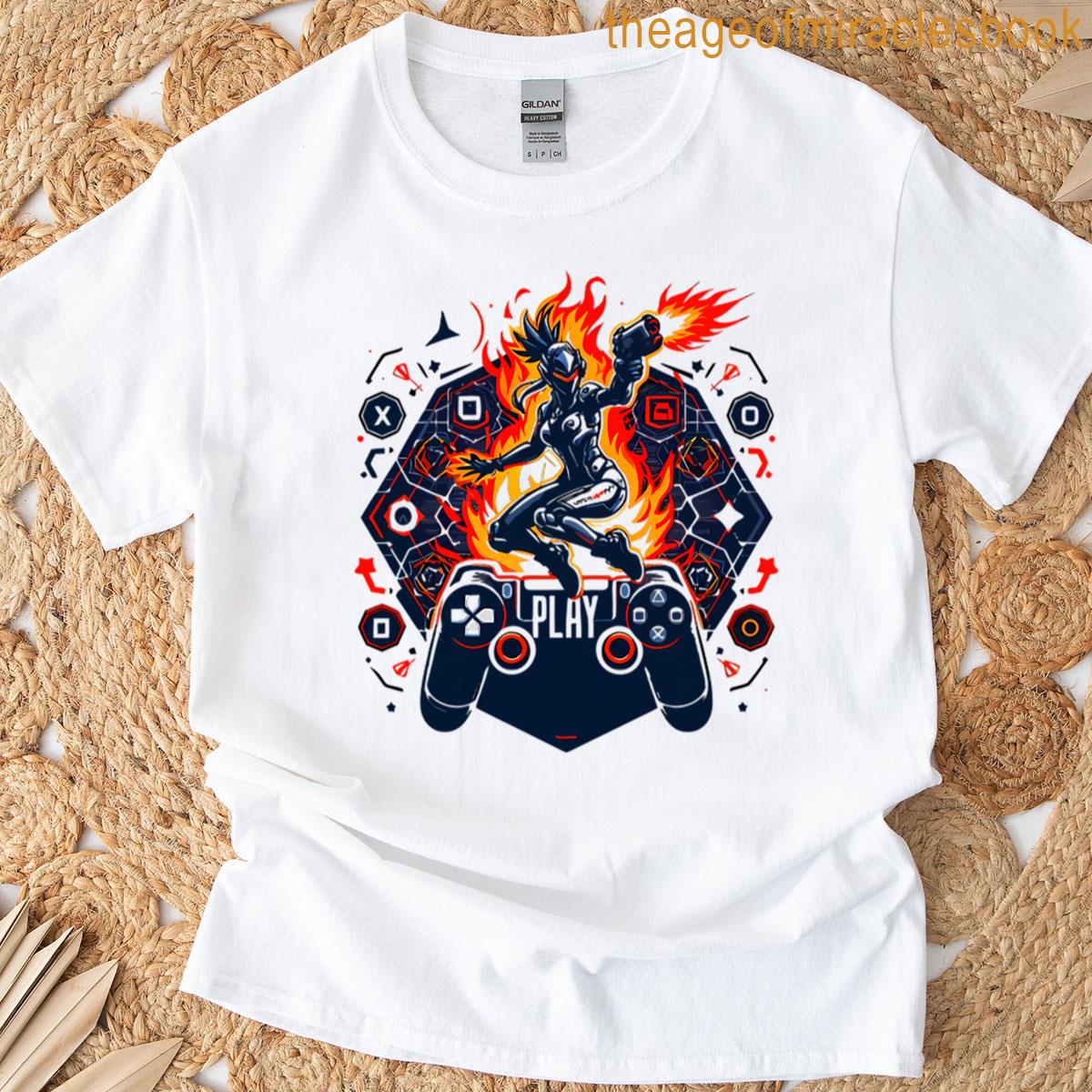 Playstation Gaming Fire Energy Controller Art T-shirt