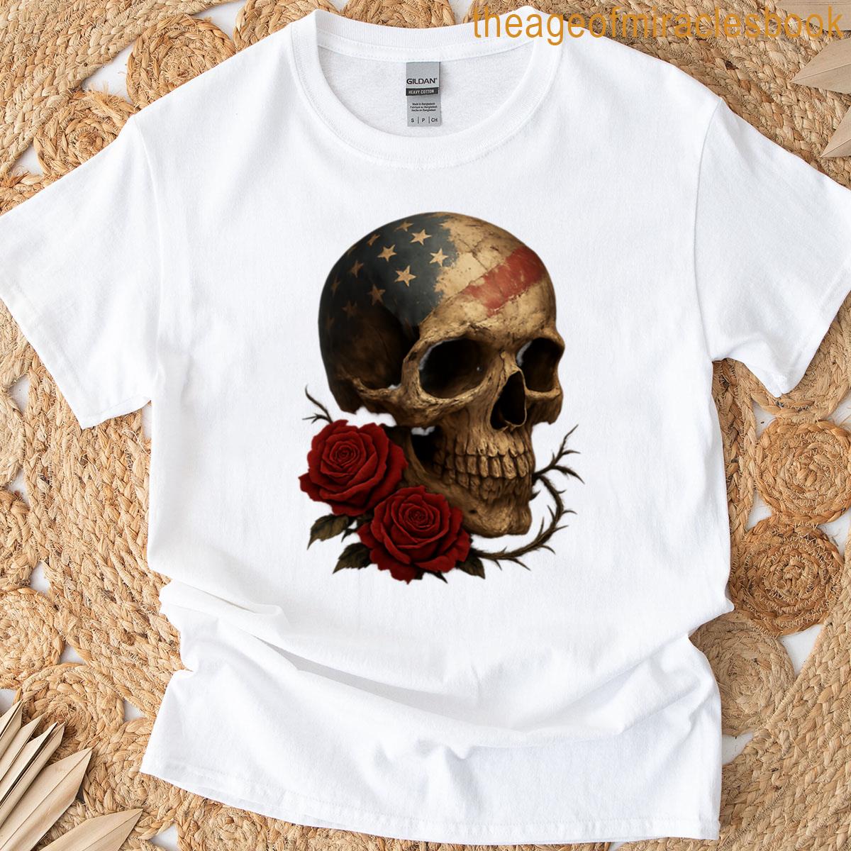 Vintage American Skull With Two Roses T-shirt