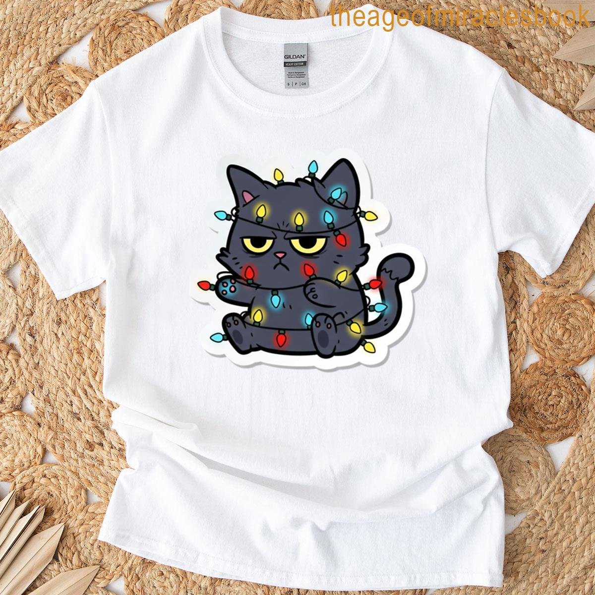 Grumpy Black Cat Tangled In Christmas Lights Sticker T-shirt