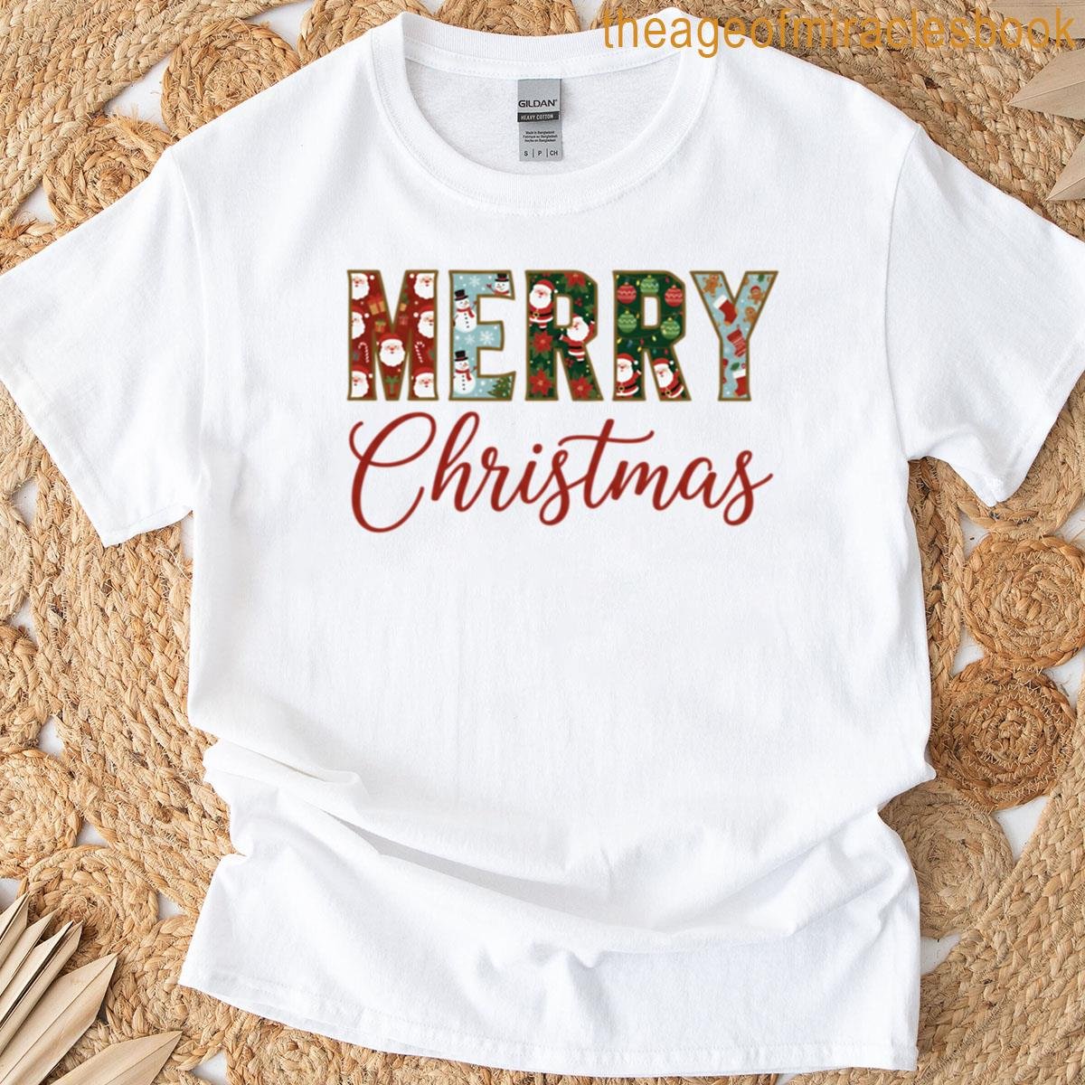 Merry Christmas Patchwork Festive Holiday Lettering T-shirt