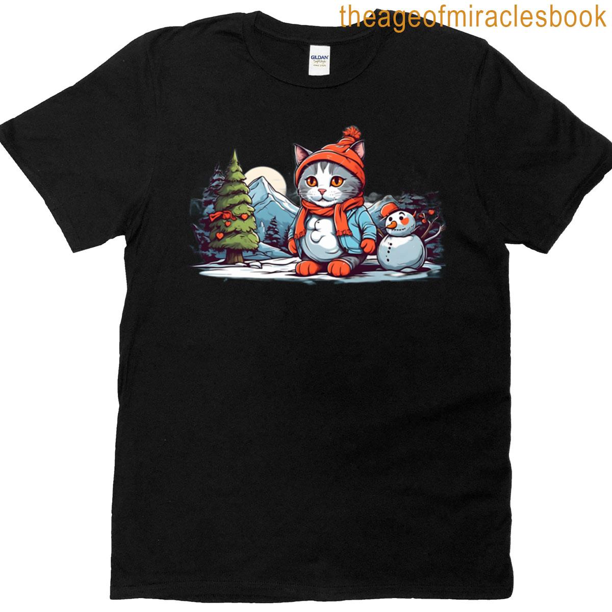 Cat Next To Snowman T-shirt