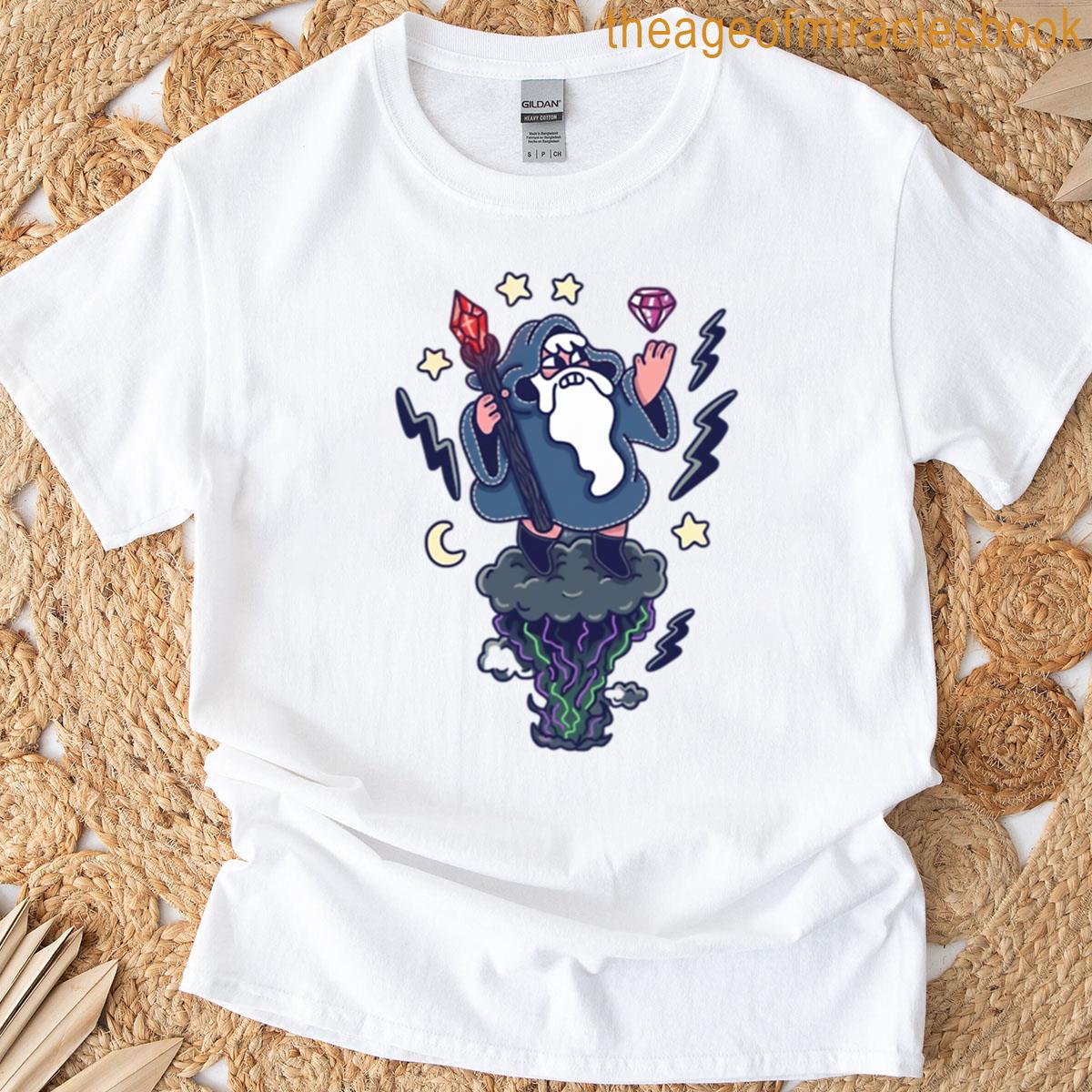 Comic Sorcerer Wizard Crystal Diamond And Magic Cloud T-shirt