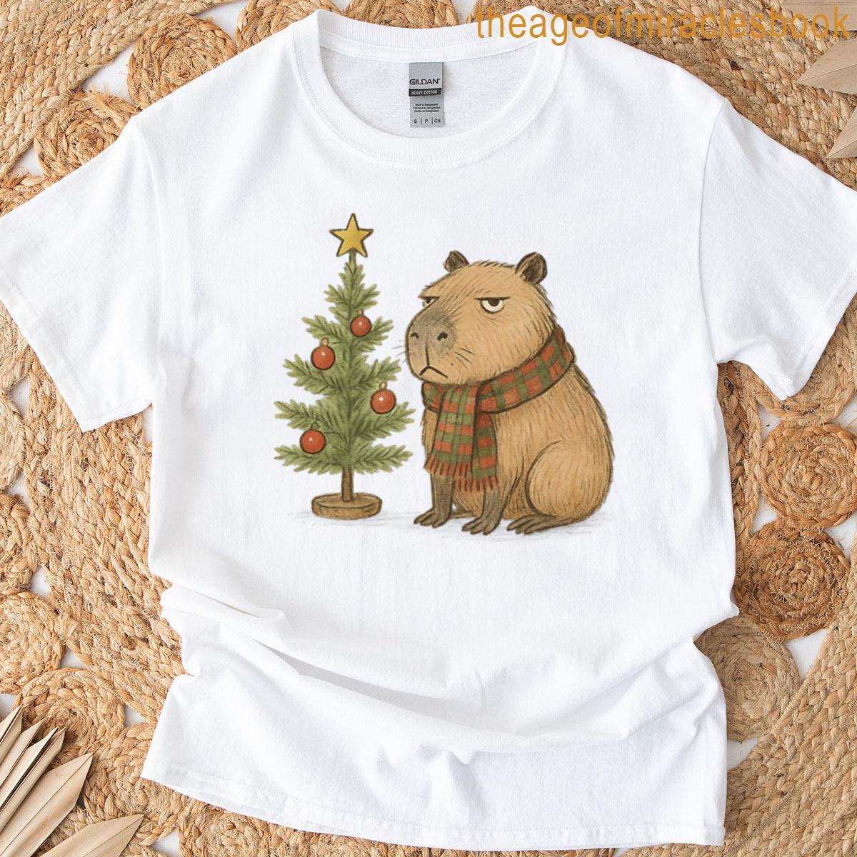 Grumpy Christmas Capybara With Tree Funny Holiday Oversized T-shirt