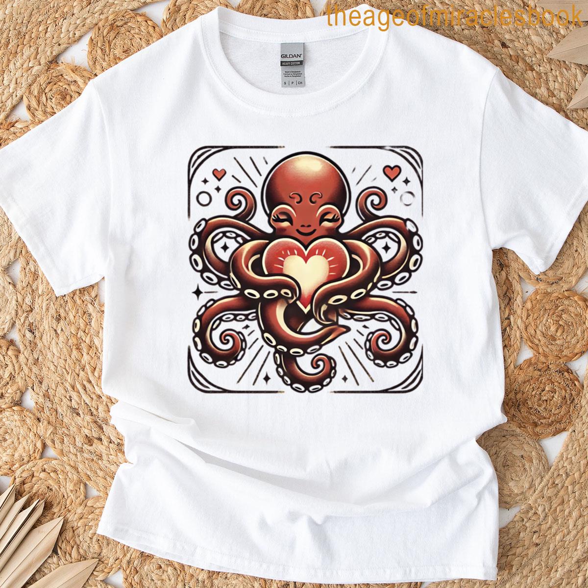 Romantic Octopus Embracing A Glowing Heart T-shirt