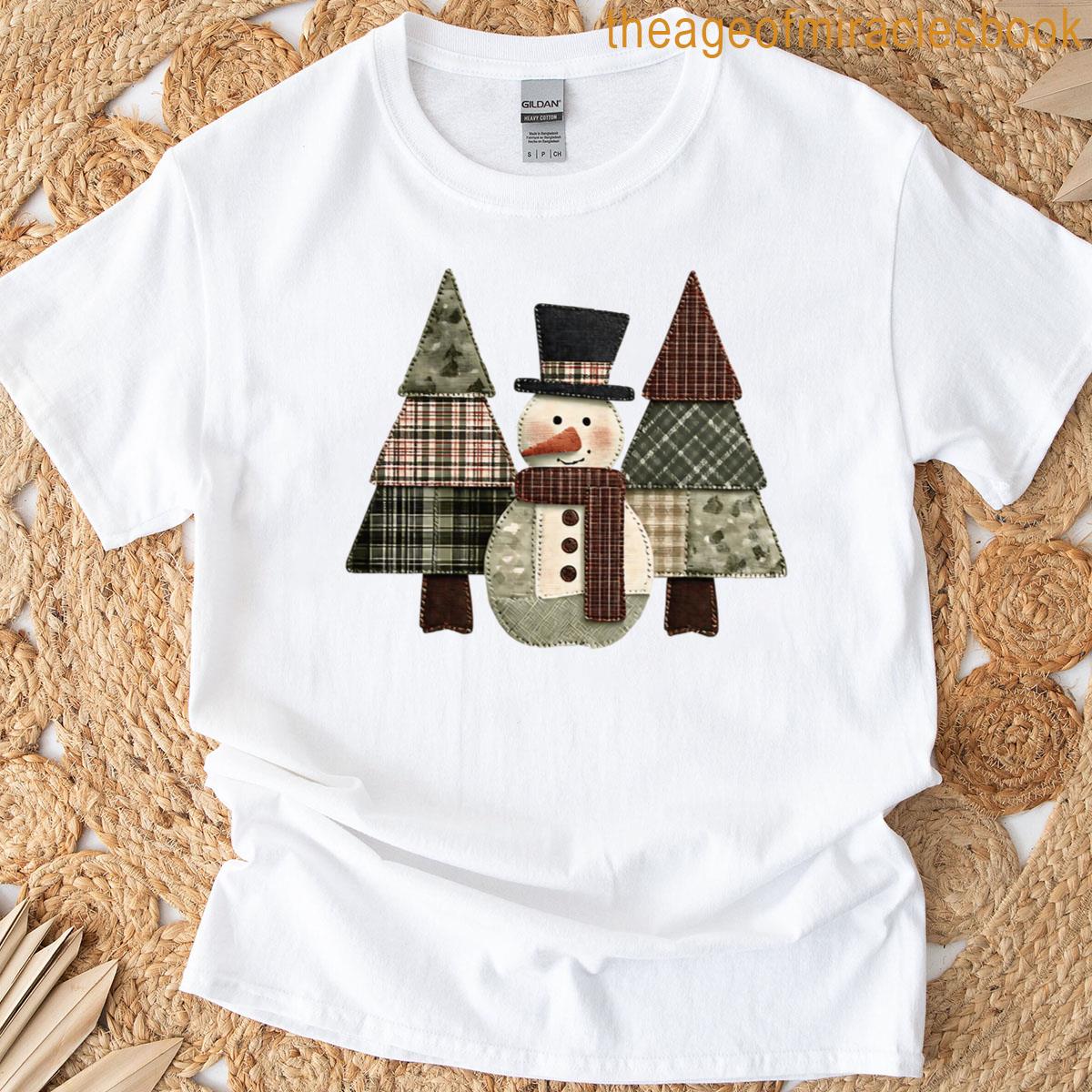 Snowman Trees Patchwork Plaid Trees Rustic Christmas T-shirt
