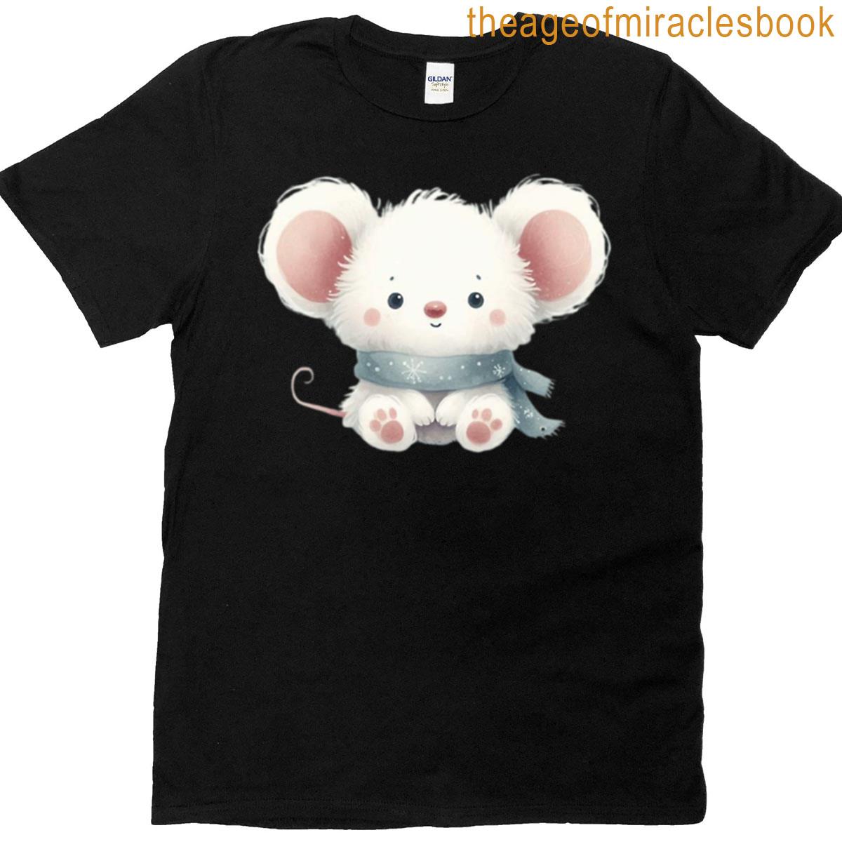 Fluffy White Mouse In Blue Scarf T-shirt