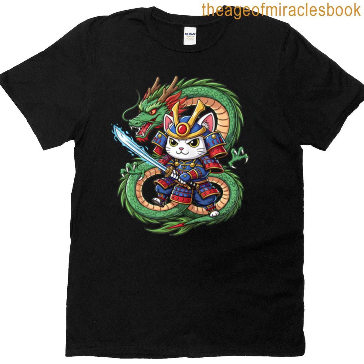 Cute Samurai Cat Dragon Fight T-shirt
