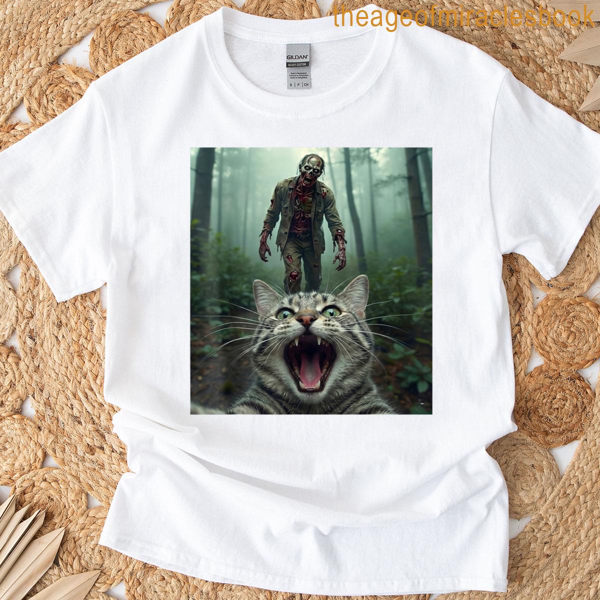 Funny Cat Selfie With Zombie Horror T-shirt